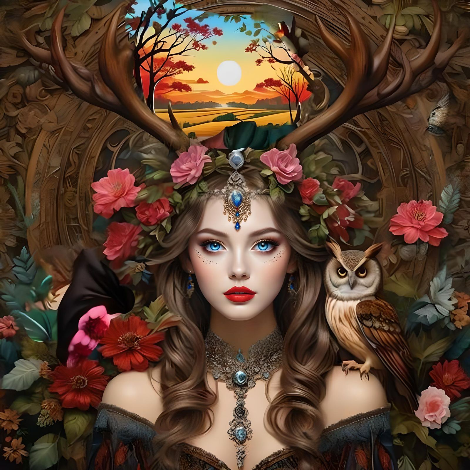 The Beautiful Wood Goddess with Antlers and the Owl