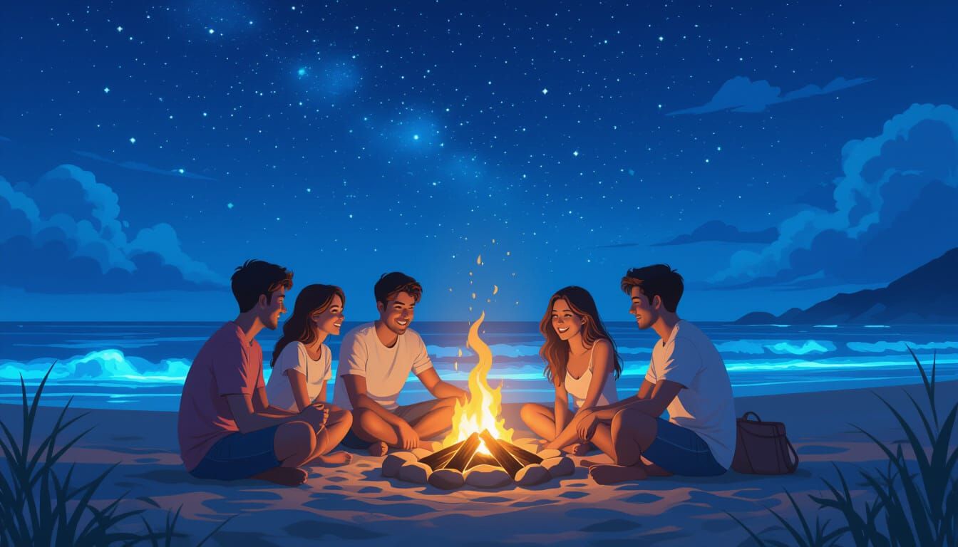 Friends Gathered Around Bonfire on Bioluminescent Beach