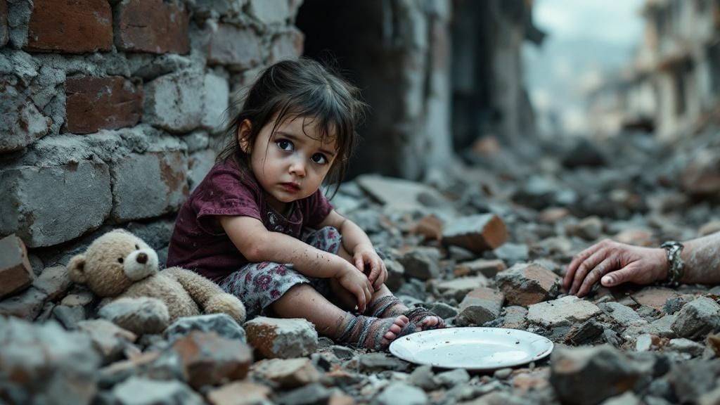Sorrowful Armless Girl in War-Torn Ruins