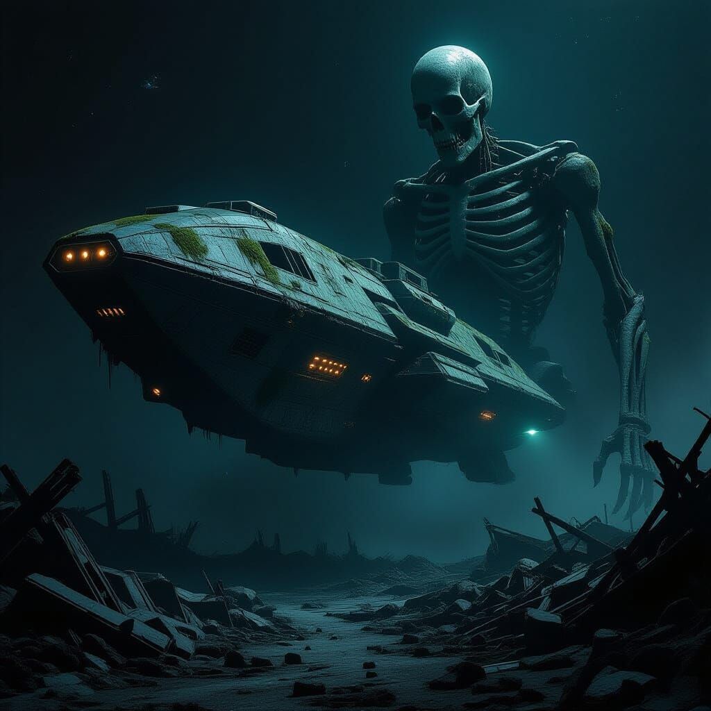 Moss-Covered Spaceship Drifting Near Skeletal Deity
