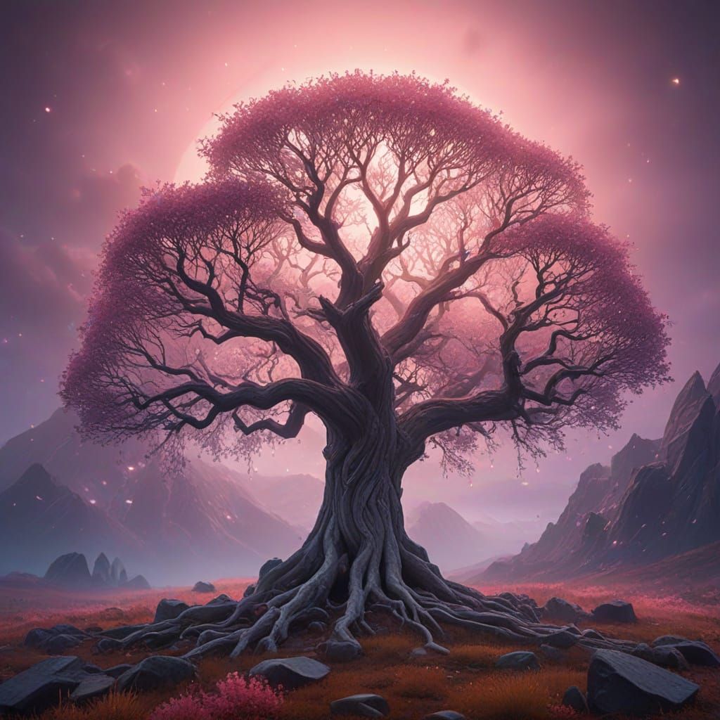 Ancient Crystal Tree in Mystical Fog