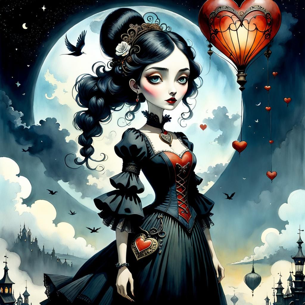 Girl with Big Heart: Surreal Watercolor Masterpiece