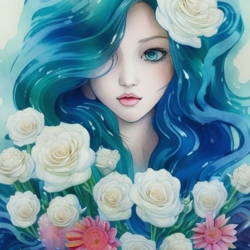 Ethereal Woman with Floral Hair, Liquid Gouache Painting