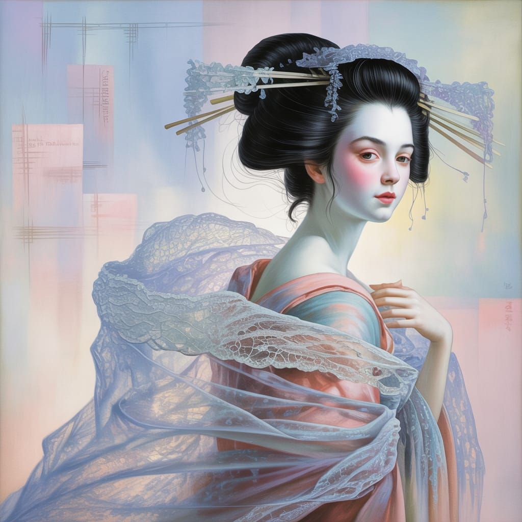 Serene Geisha in Abstract Pastel Painting