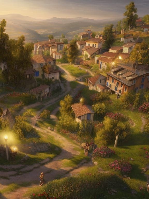 Italian Hillside Town at Sunrise: Digital Art