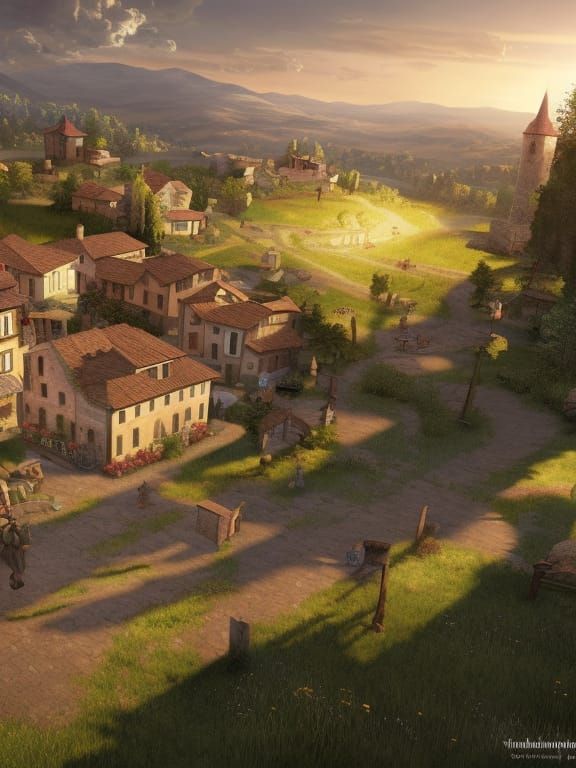 Italian Hillside Town at Sunrise: Hyper-realistic Digital Ar...
