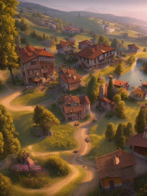 Italian Hillside Town at Sunrise: Detailed Digital Art
