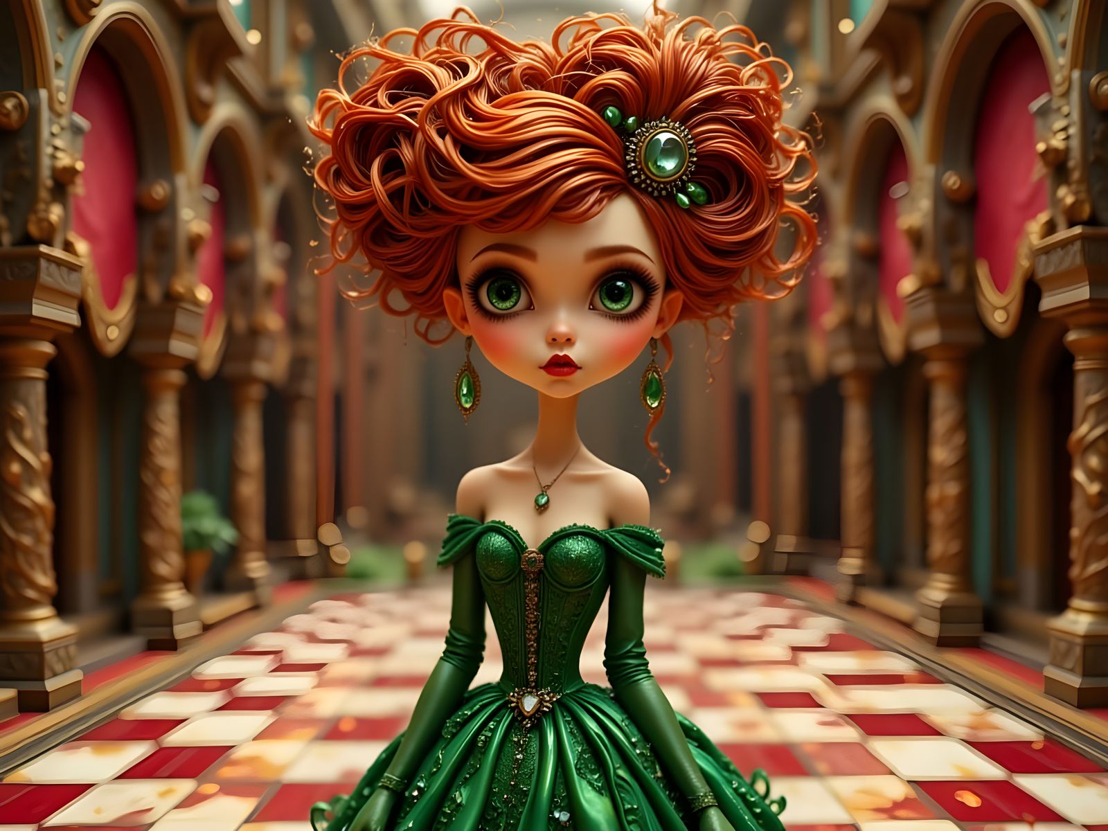 Claymation Princess in Emerald Gown on Checkerboard Court