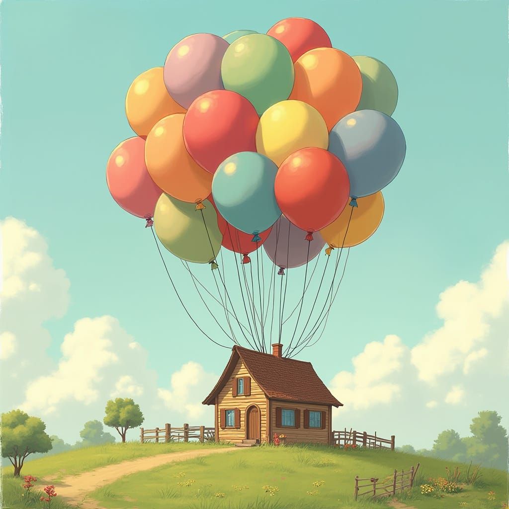 House Floats to Sky with Colorful Balloons