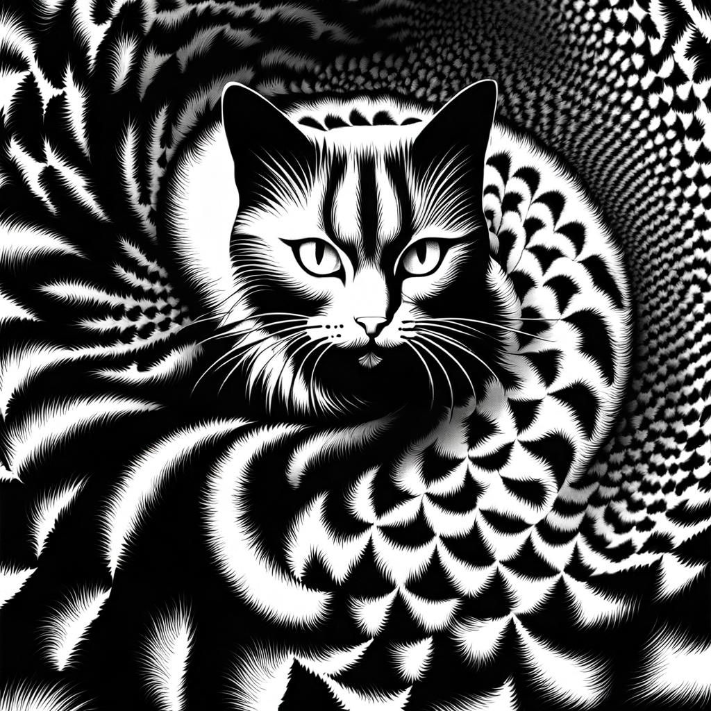 "Cat Fuzzy stipple texture Optical illusions cat dmt fractals infinite tunnels geometry Spiral pattern forming a mesmeri...