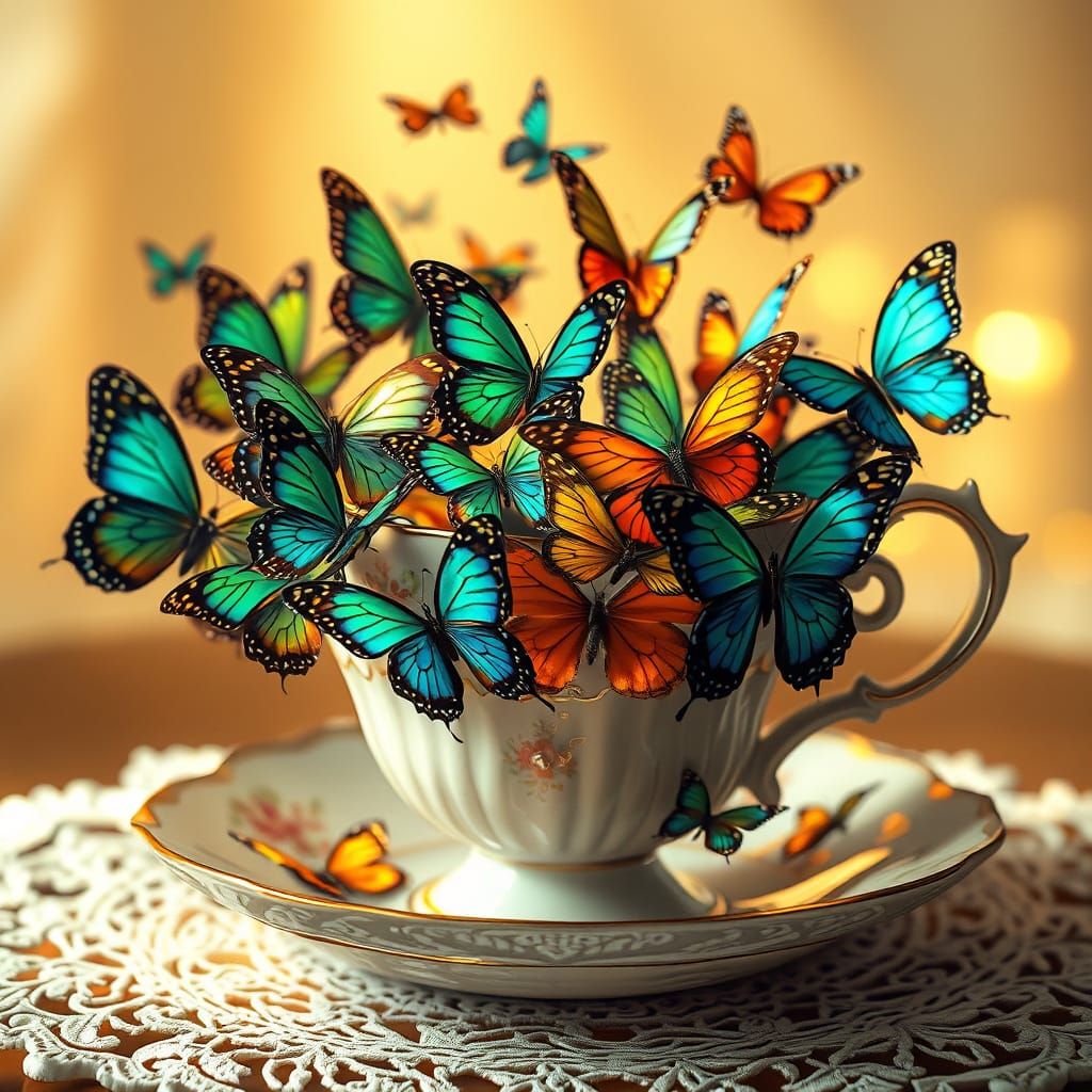 Whimsical Butterflies in Antique Teacup