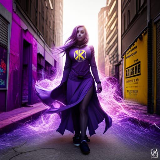 Purple Superheroine with Enchanted Shield, in Graffiti Art