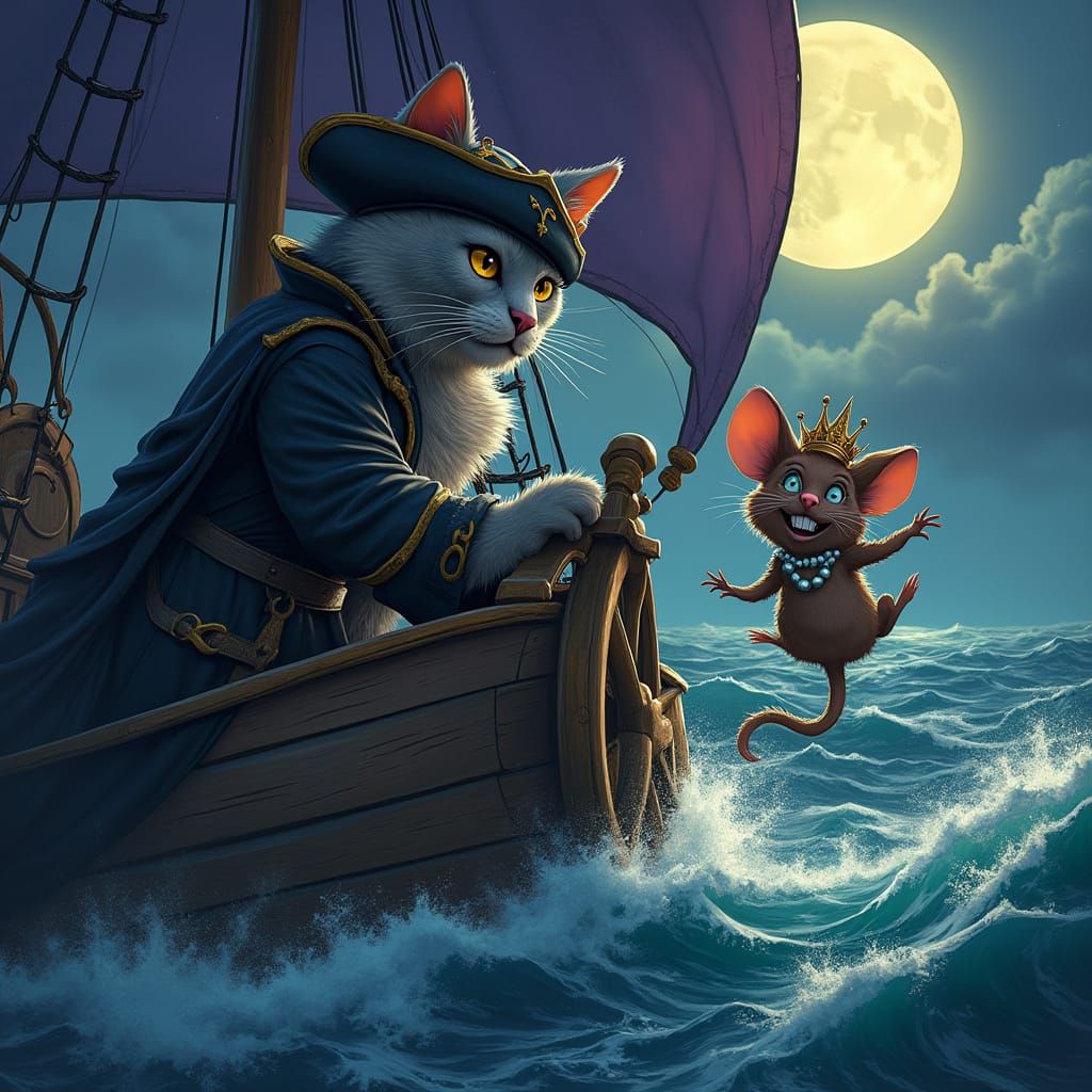 Moonlit Pirate Ship Battles Dark Siren in Whimsical, Gothic-...