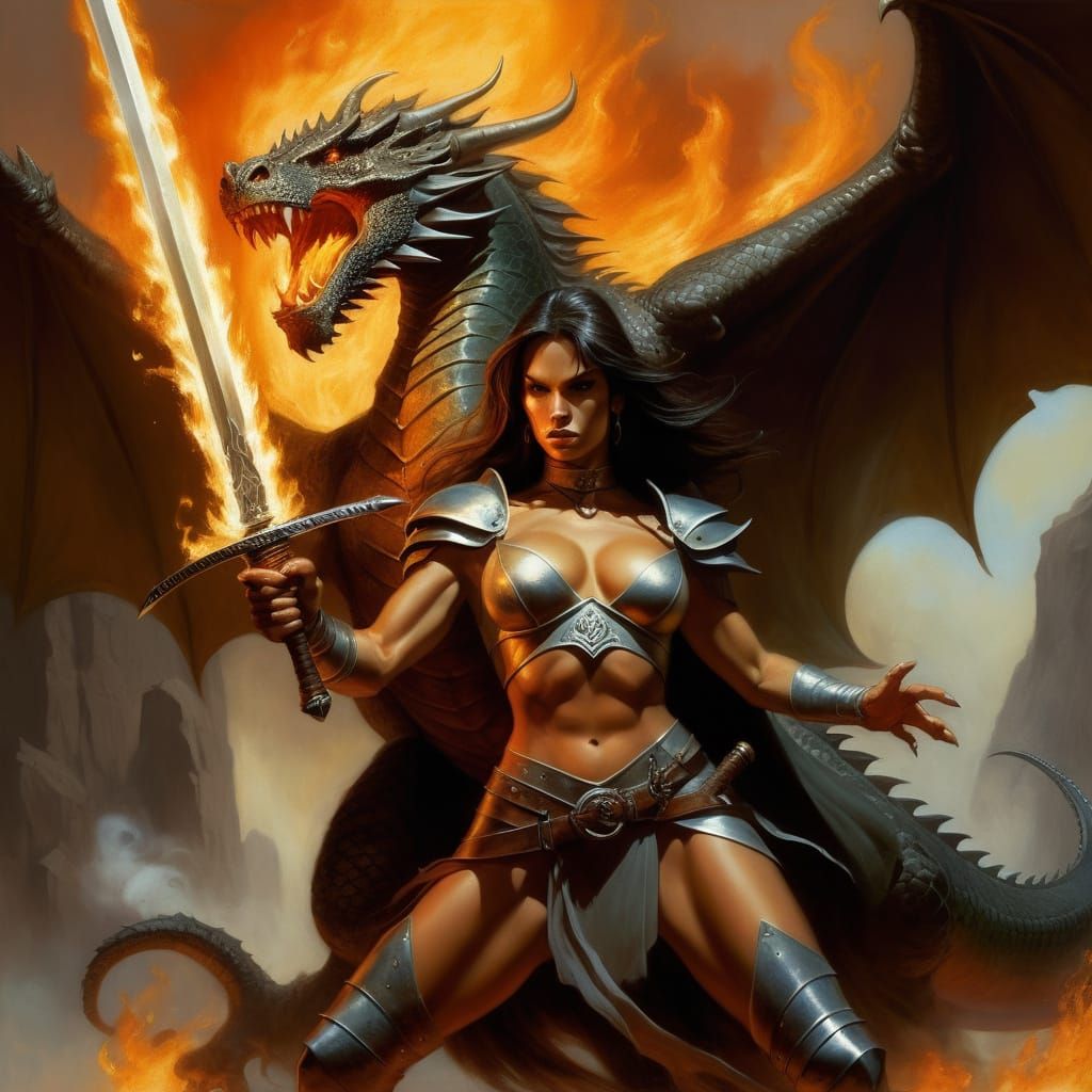 Epic Fantasy Warrior Defeats Dragon with Flaming Sword