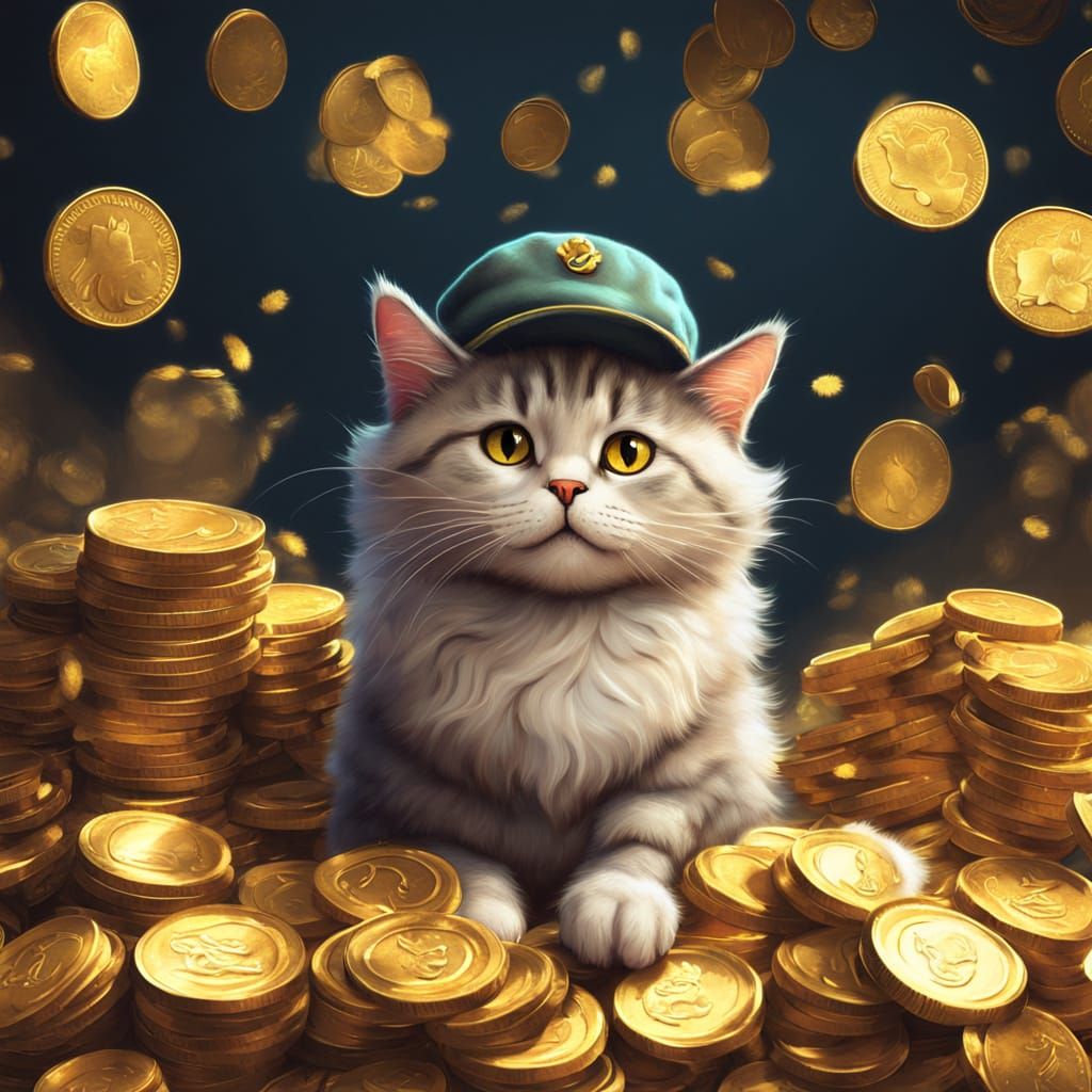 Cute Fluffy Cat in Hat on Gold Coins