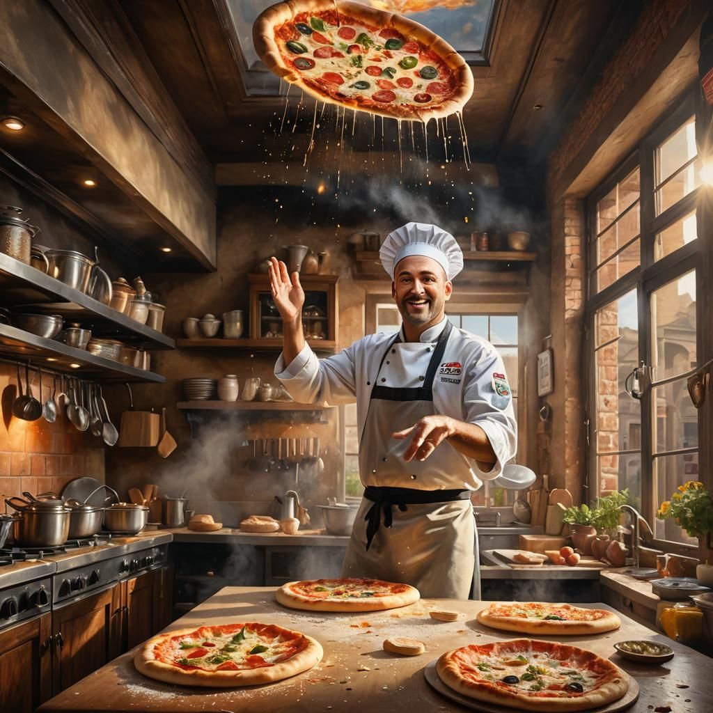 Italian Chef Tosses Pizza Dough: Digital Painting