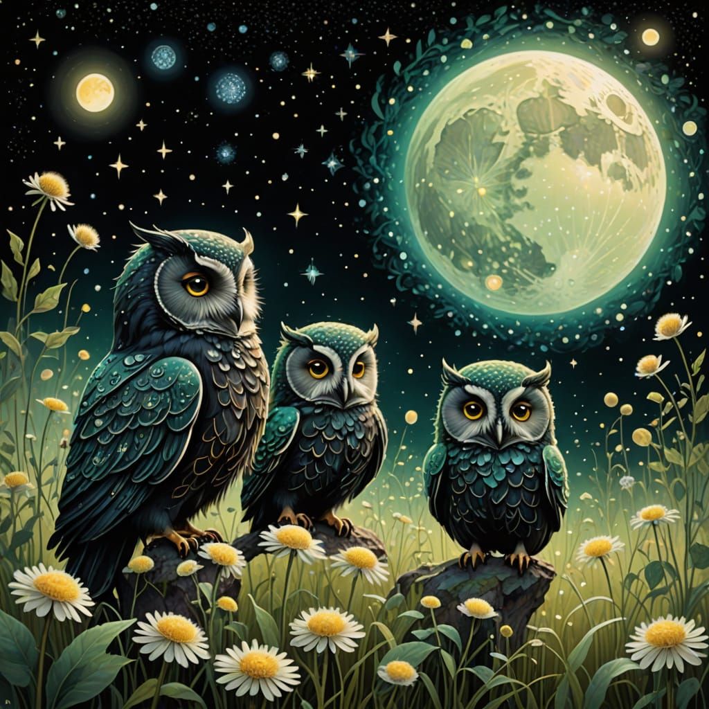 Dreamy Whimsical Scene with Fluffy Owls and Dandelion Seeds