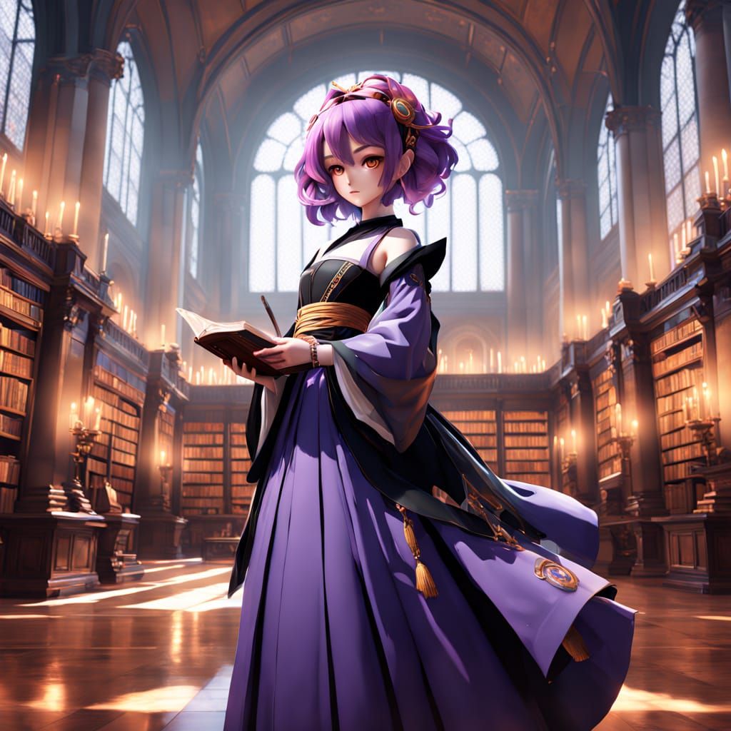 Elegant Anime Woman in Grand Library, Painted in Rembrandt S...