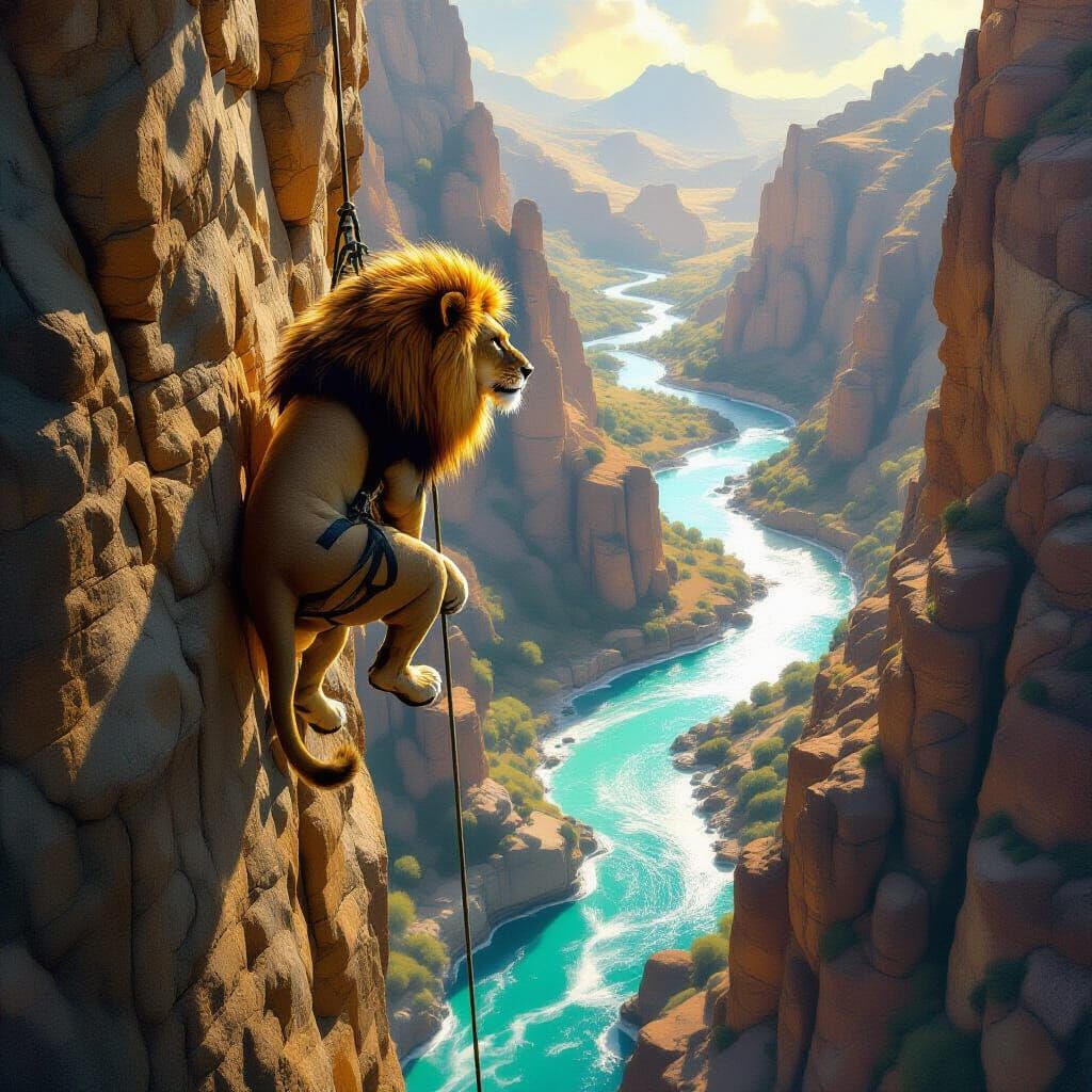 Giant Lion Rappels Down Cliff To River