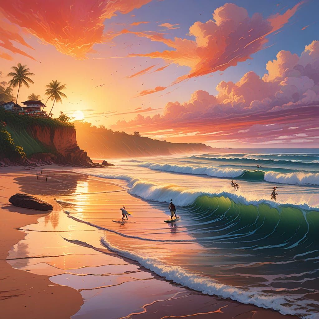 Surreal Beach Scene in Impressionist Gouache Style