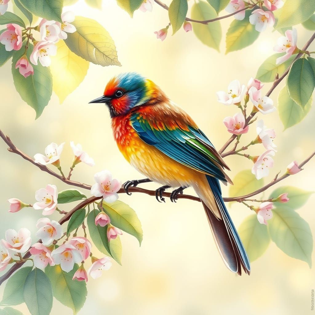 Rainbow Bird Amidst Blooming Floral Branches in Whimsical Wa...