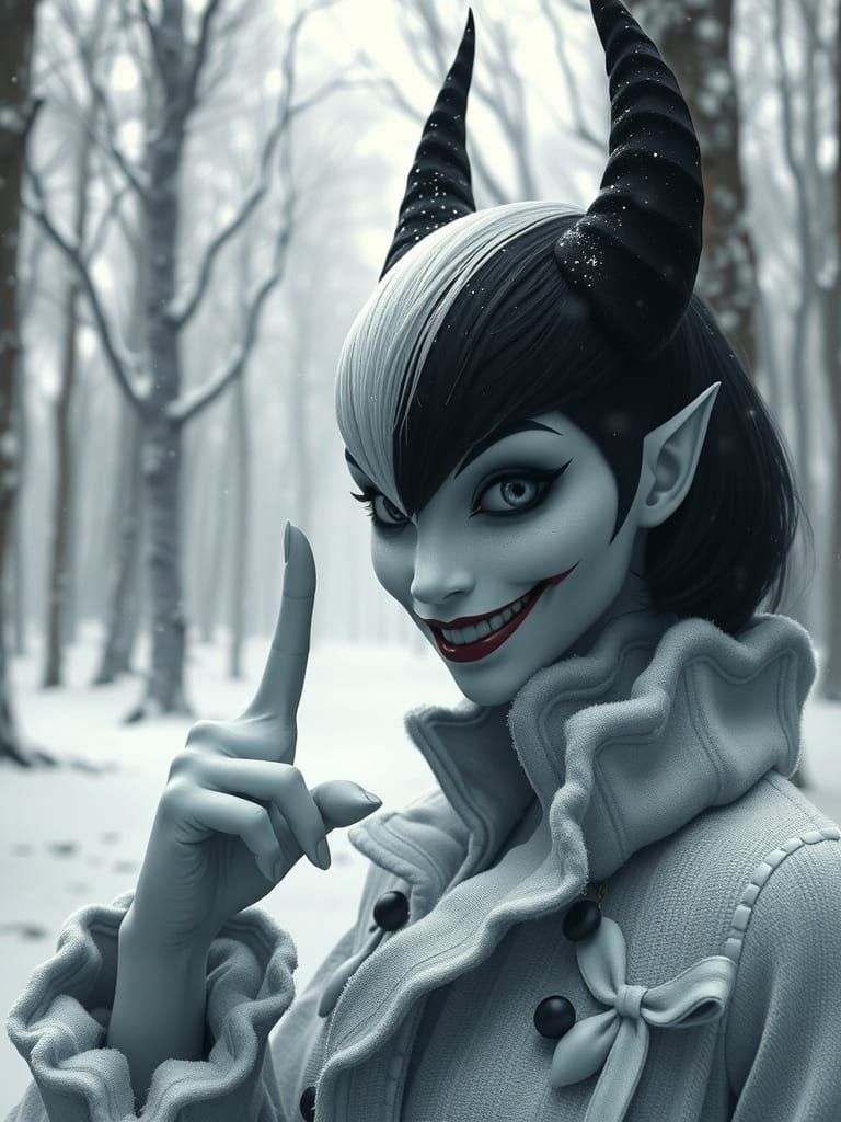 Hyperrealistic Cruella Portrait in Winter Forest