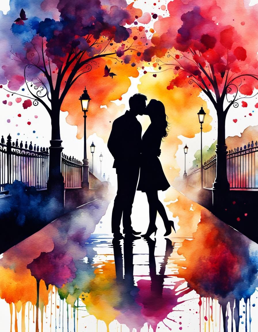 Elegant Watercolor Kiss Silhouette Art