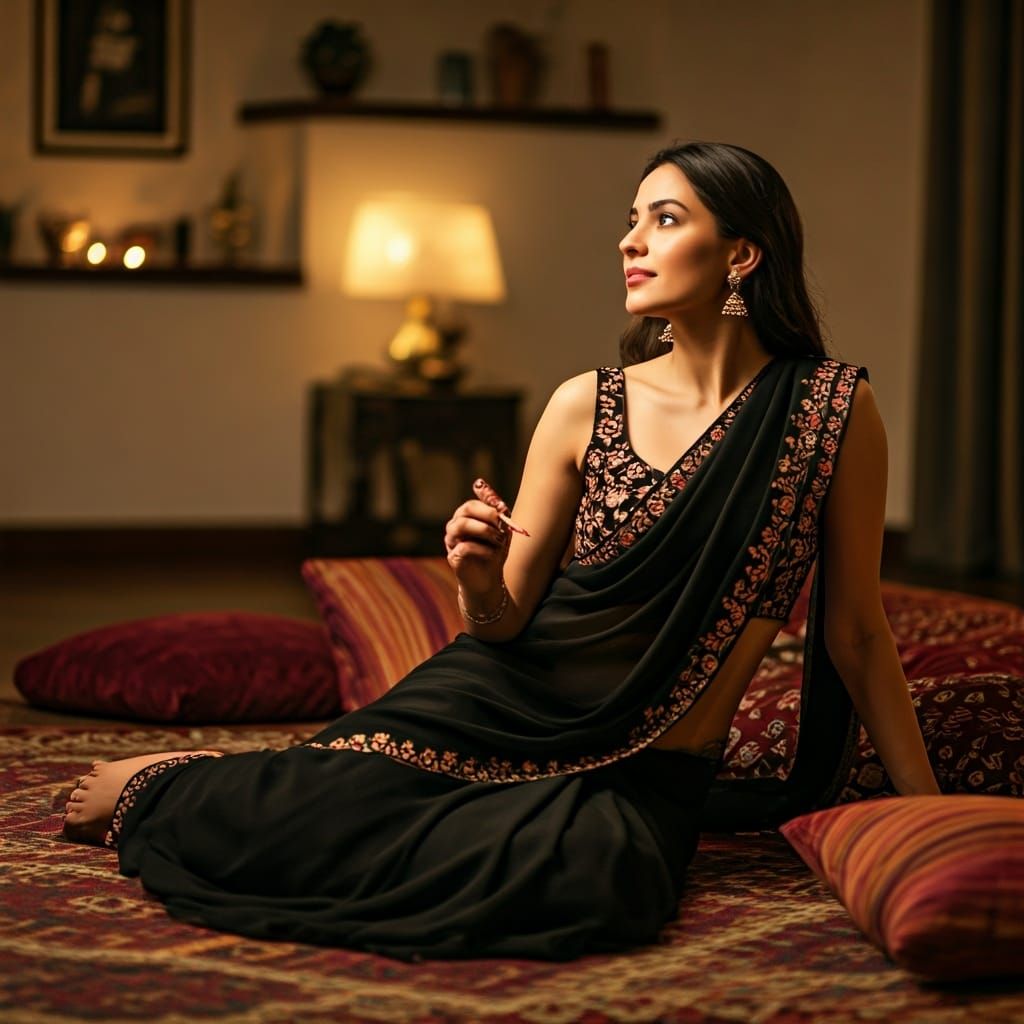One woman in a black sleeveless saree