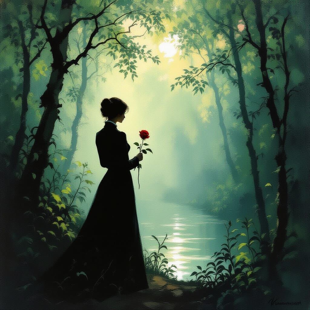 Businesswoman with Rose at Forest Edge in Impressionist Styl...
