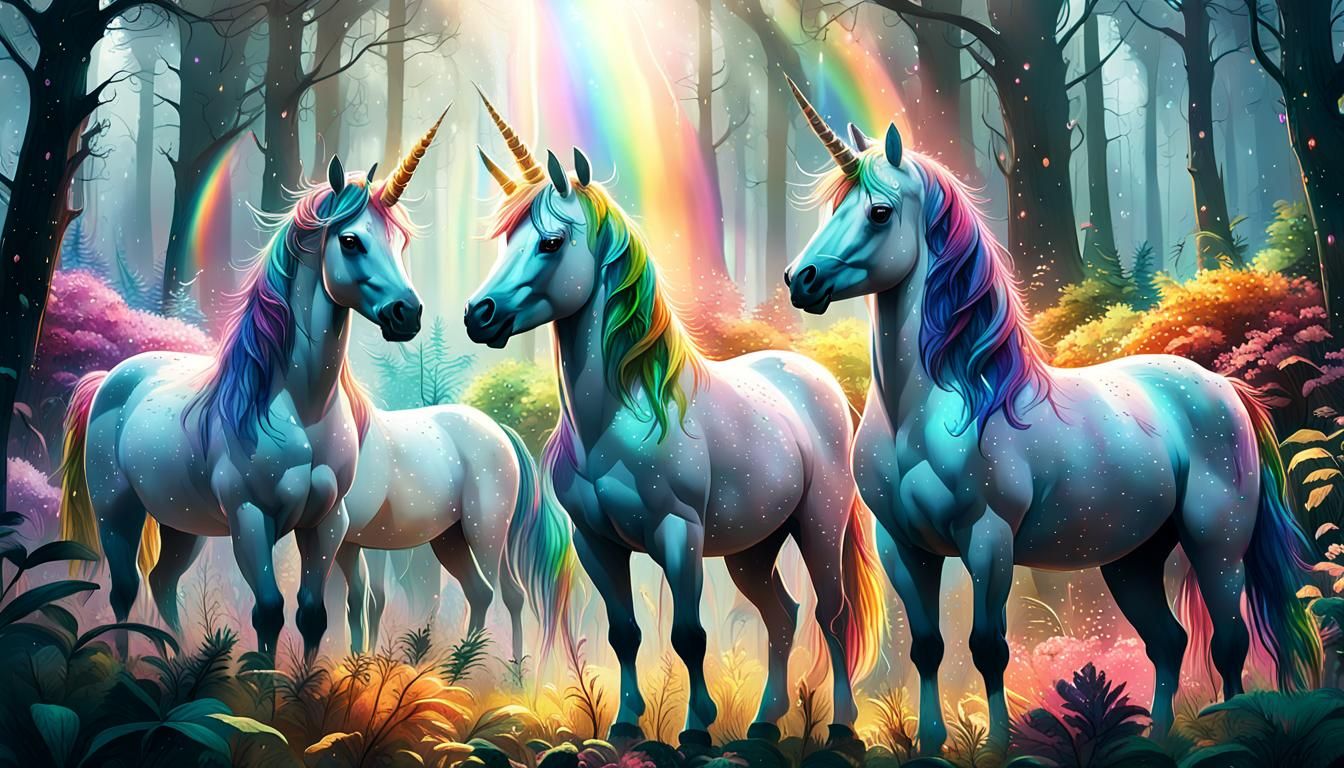 Unicorns and Rainbows in Mystical Forest: Digital Art