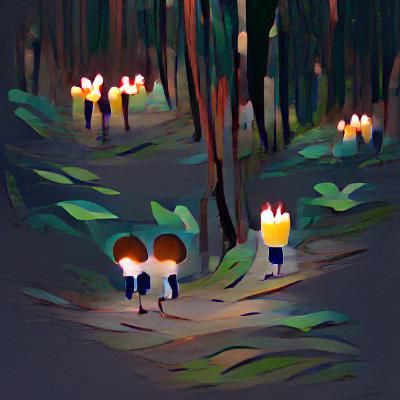 Small Beings in Forest at Night With Candles