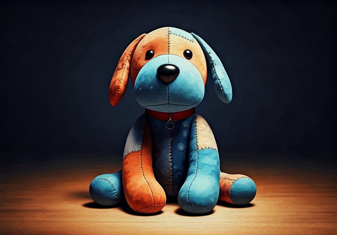 Quilted Patchwork Dog Plushie in Gouache Style