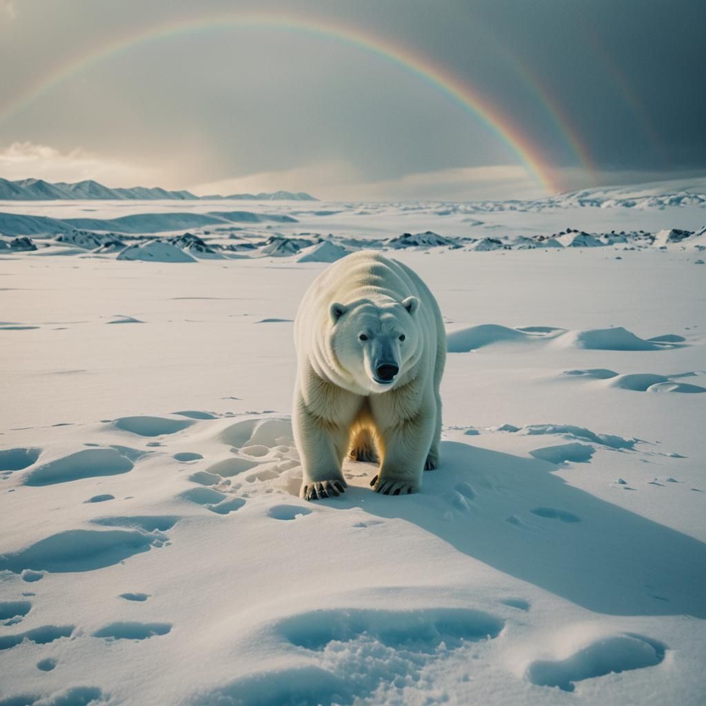 Rainbow Polar Bear on Snow, Cinematic Still