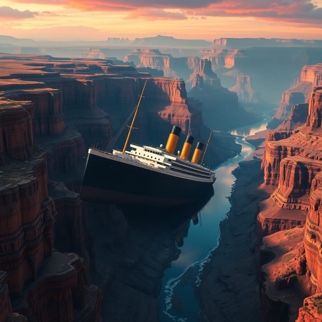 Titanic at the Grand Canyon in a Cyberpunk-Inspired Matte Pa...