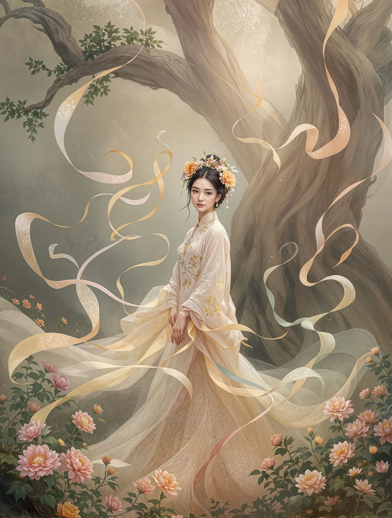 Serene Chinese Garden in Impressionistic Bloom