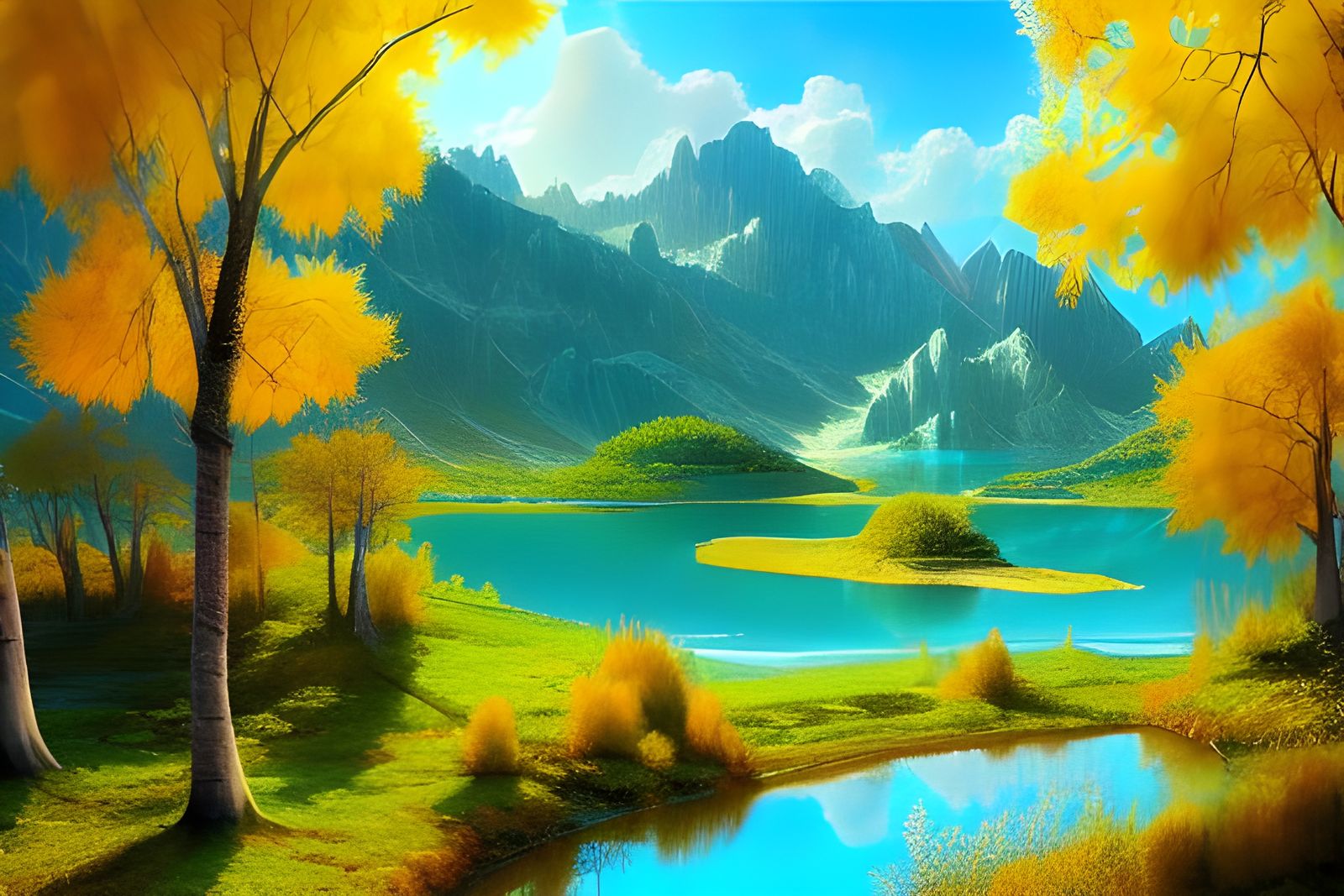 Turquoise Lake Landscape with Sycamore Trees, Oil Painting