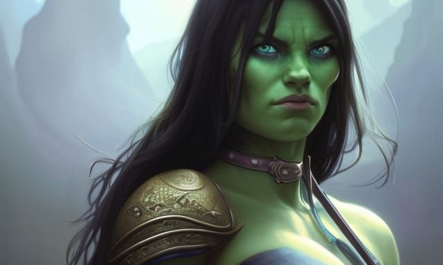Beautiful Female Orc Fighter Portrait in Fantasy Art Style