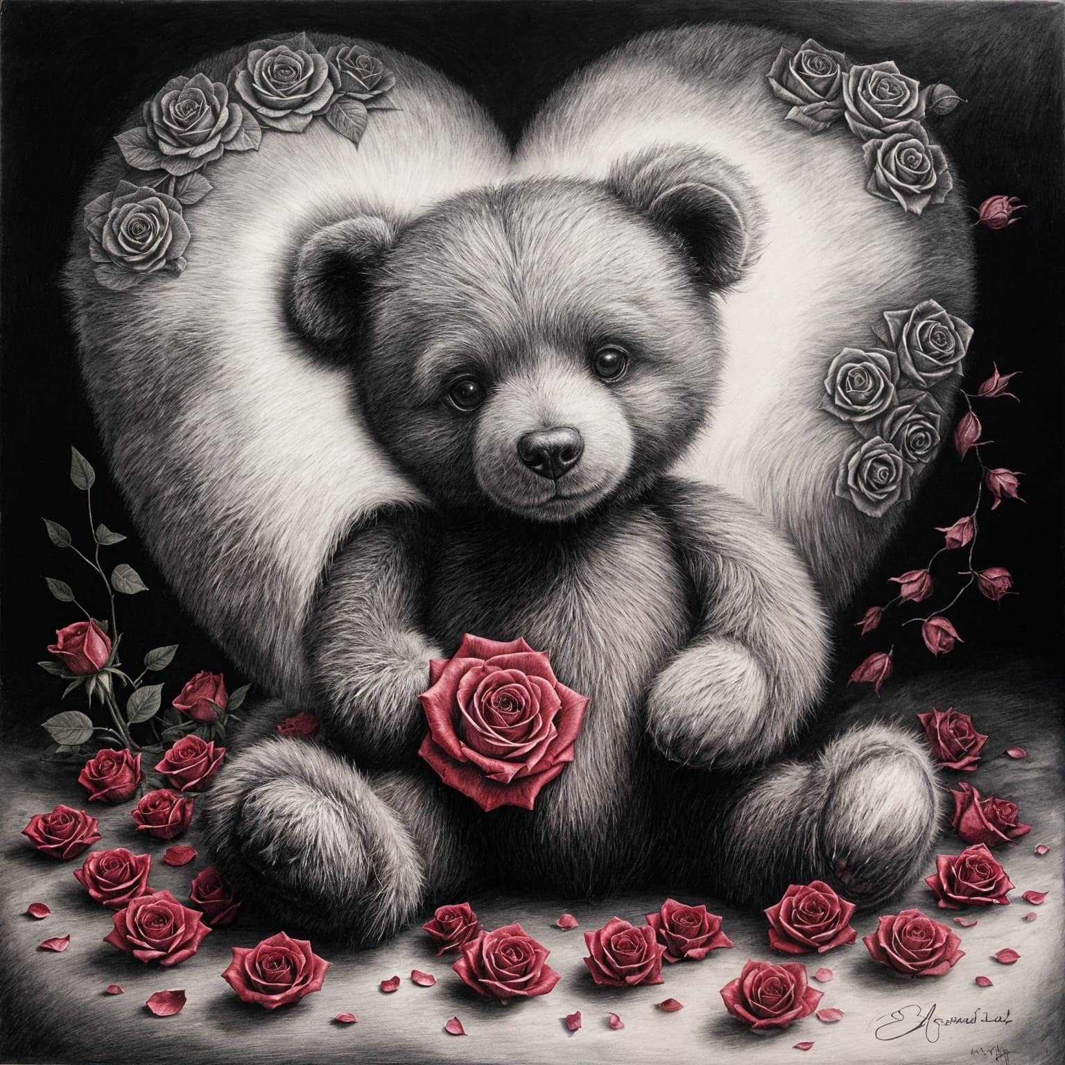 Heart with Teddy Bear and Roses Charcoal Drawing