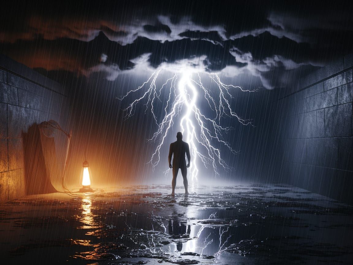 Indoor Thunderstorm Rages in Dimly Lit Basement