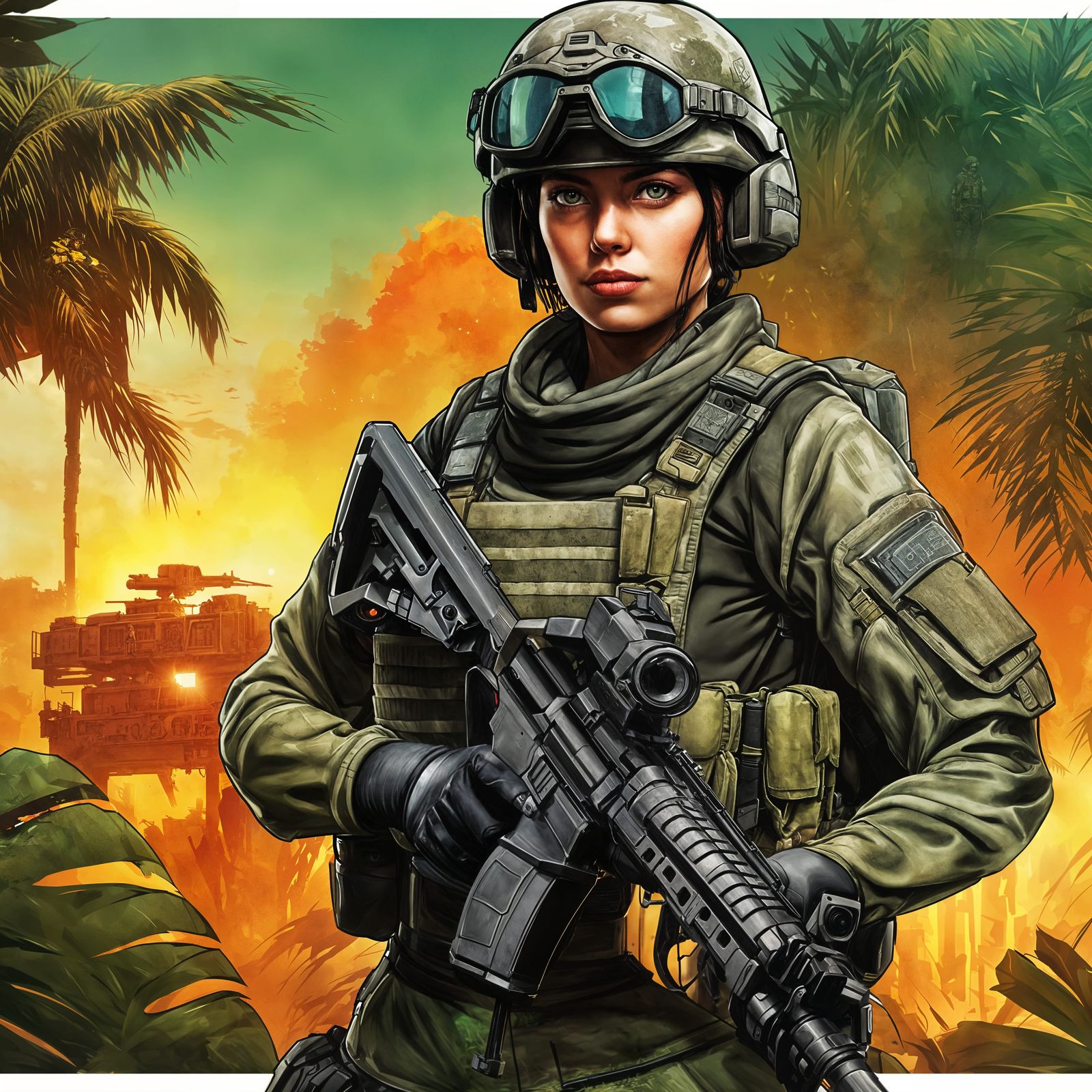 Comic Book Style Female Rebel Warrior in Jungle Gear