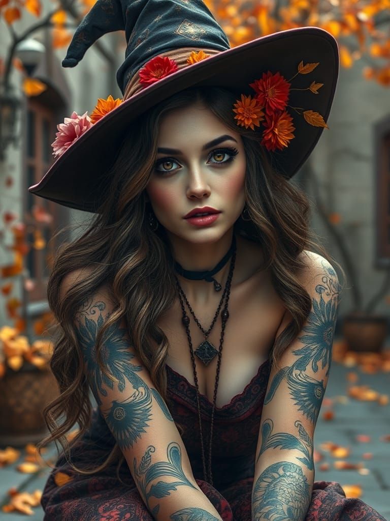 Witch with Eldritch Tattoos, Photorealistic Oil Painting