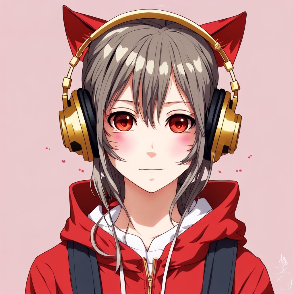 Anime Girl in Red with Gold Cat Headphones