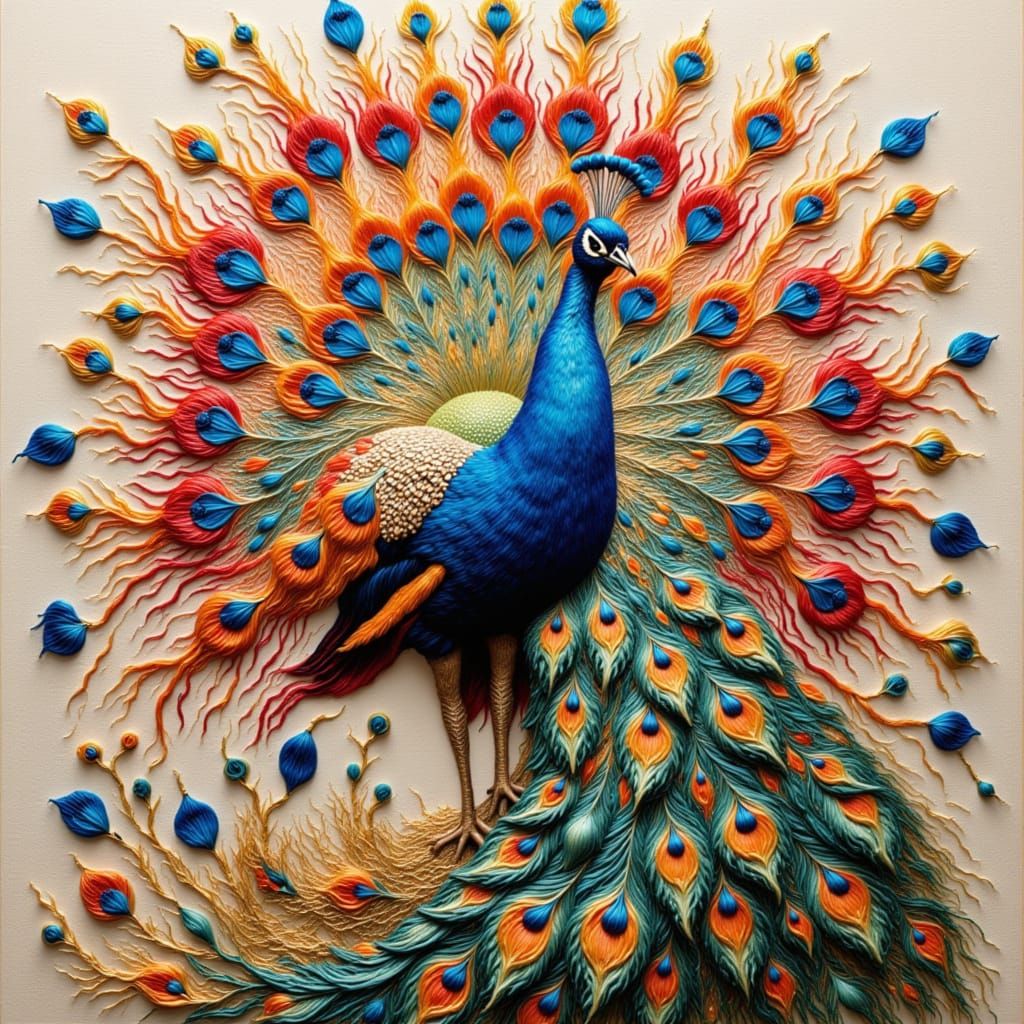 Detailed Needlepoint Peacock on Loom in Embroidery Style