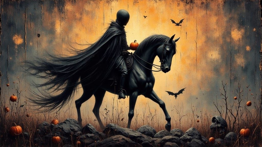 Mysterious Headless Rider on Black Horse at Night