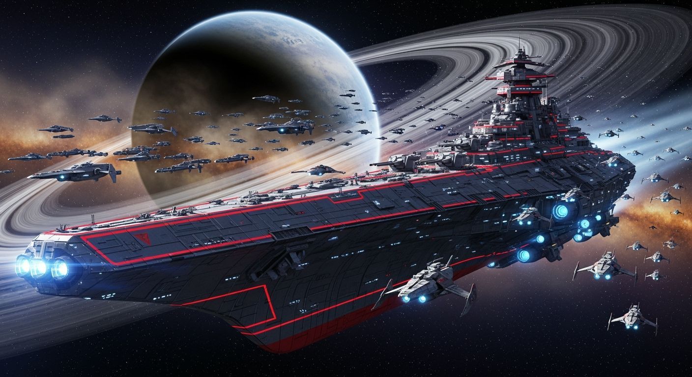 Futuristic Spaceship Fleet Soaring Through Star Field