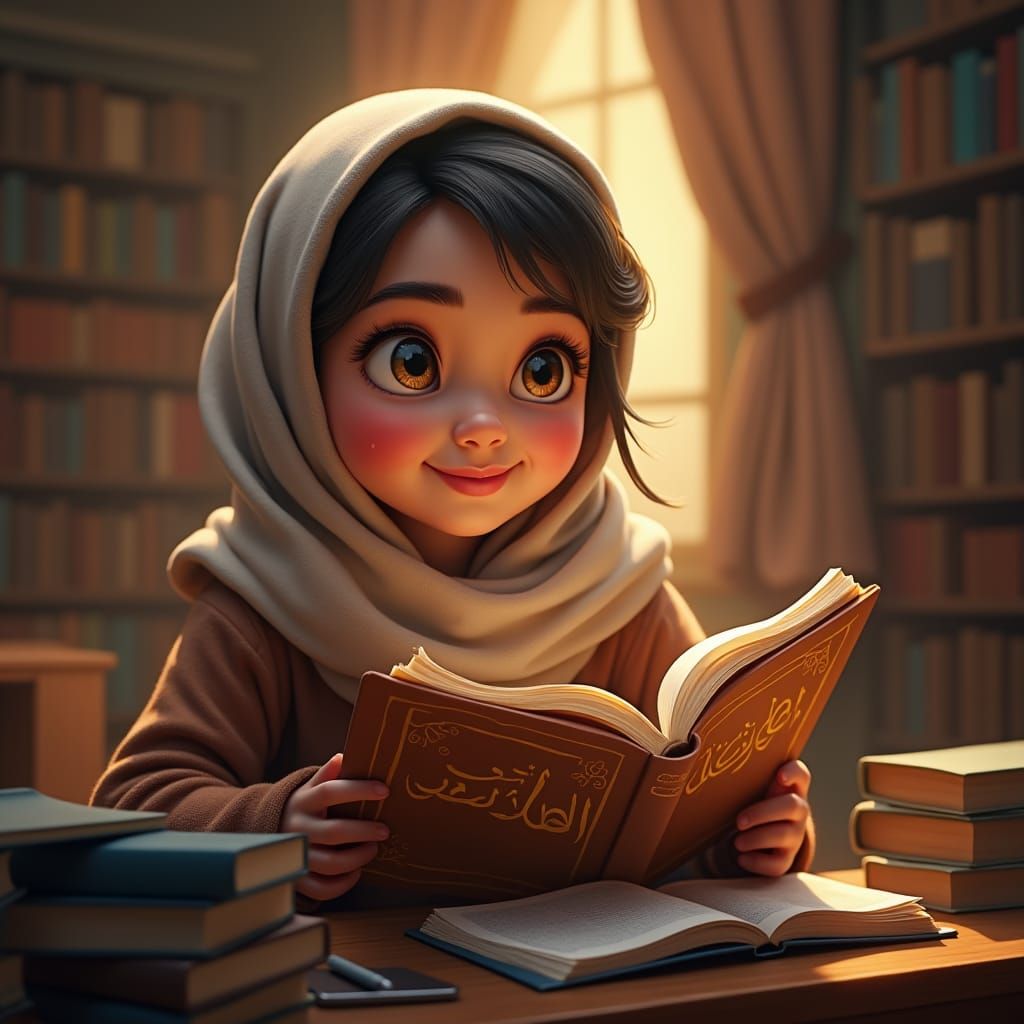 Girl with Arabic Textbook in Mystical Library
