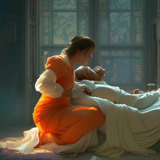Midwife Helping Young Woman: Hyperdetailed Concept Art