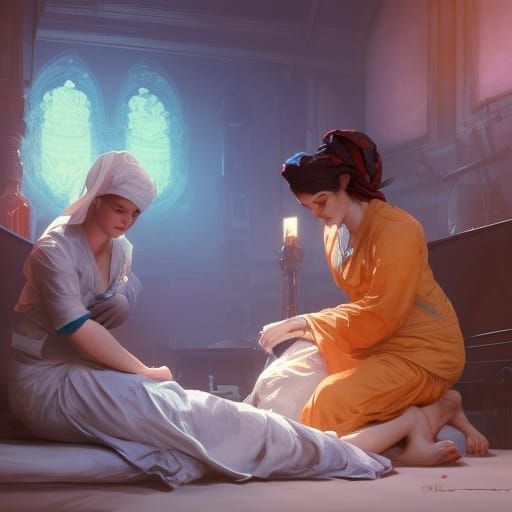 Midwife Helping Young Woman: Hyperdetailed Concept Art