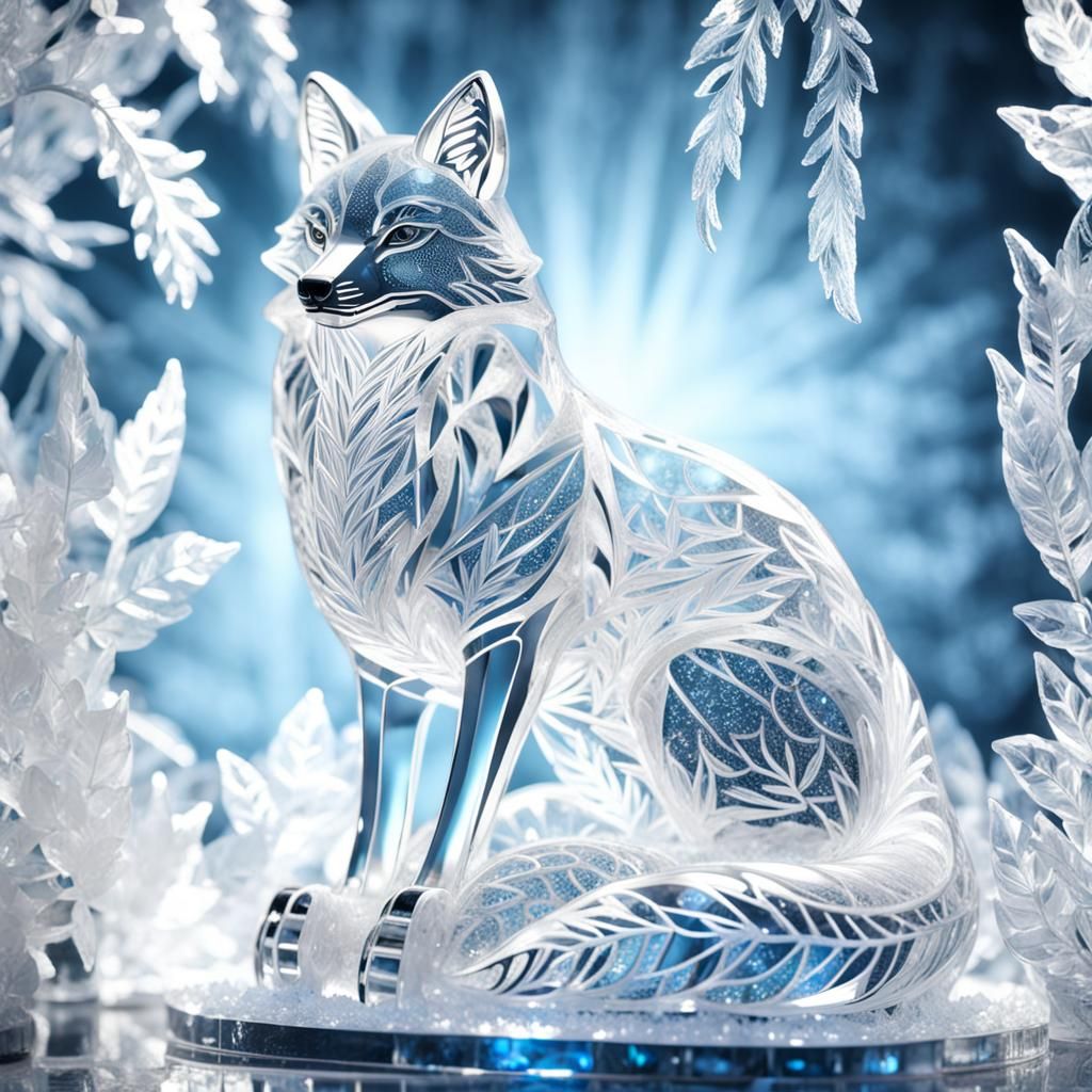 Majestic Ice Fox Sculpture on Luminous Foliage