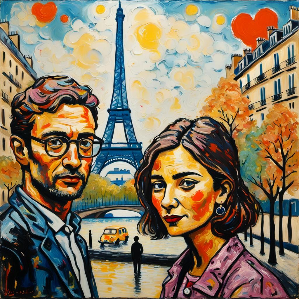 Romantic Couple Gaze at Eiffel Tower: Fauvist Encaustic